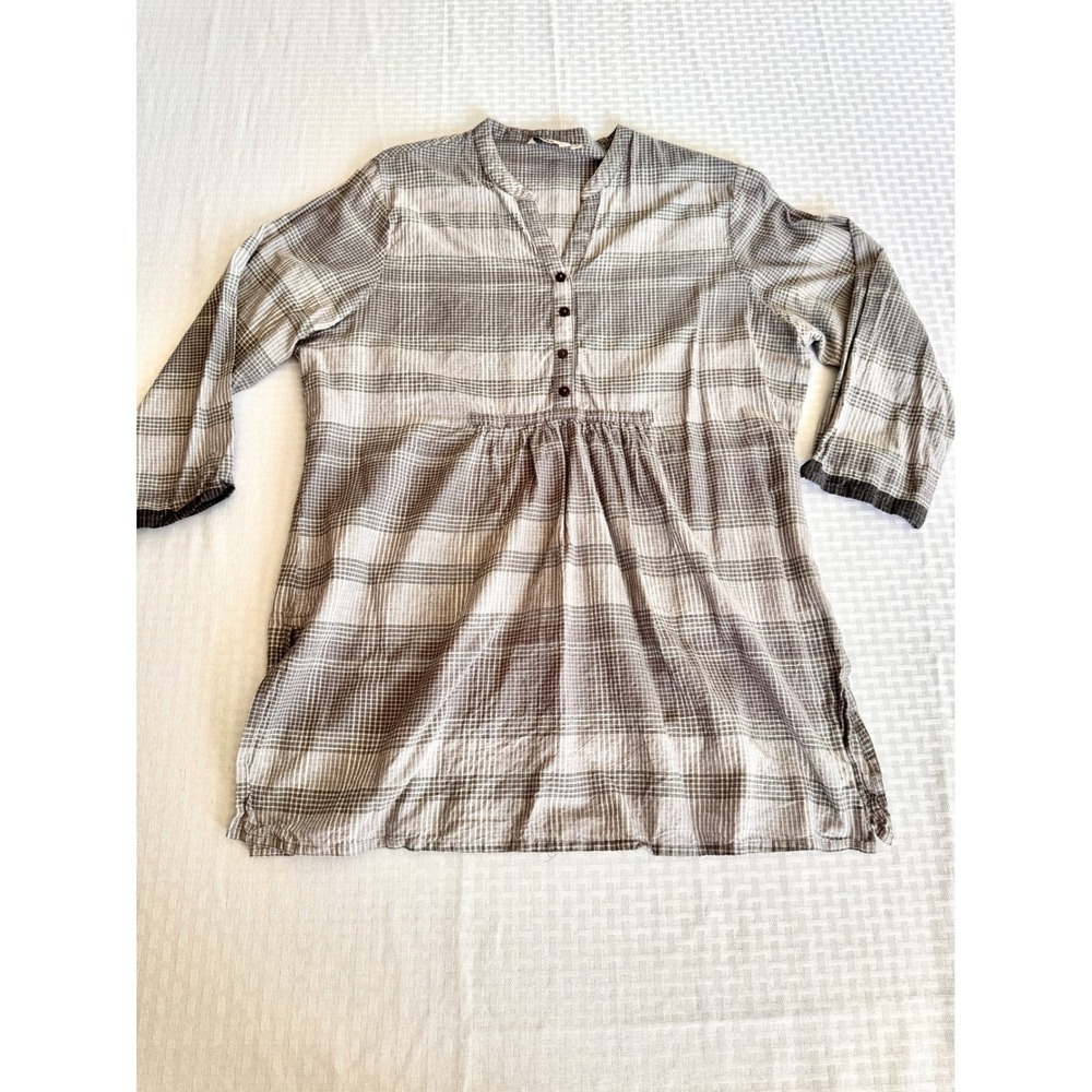 Max Boho Plaid Tunic Top XL Grey White Cotton Henley Empire Waist Blouse